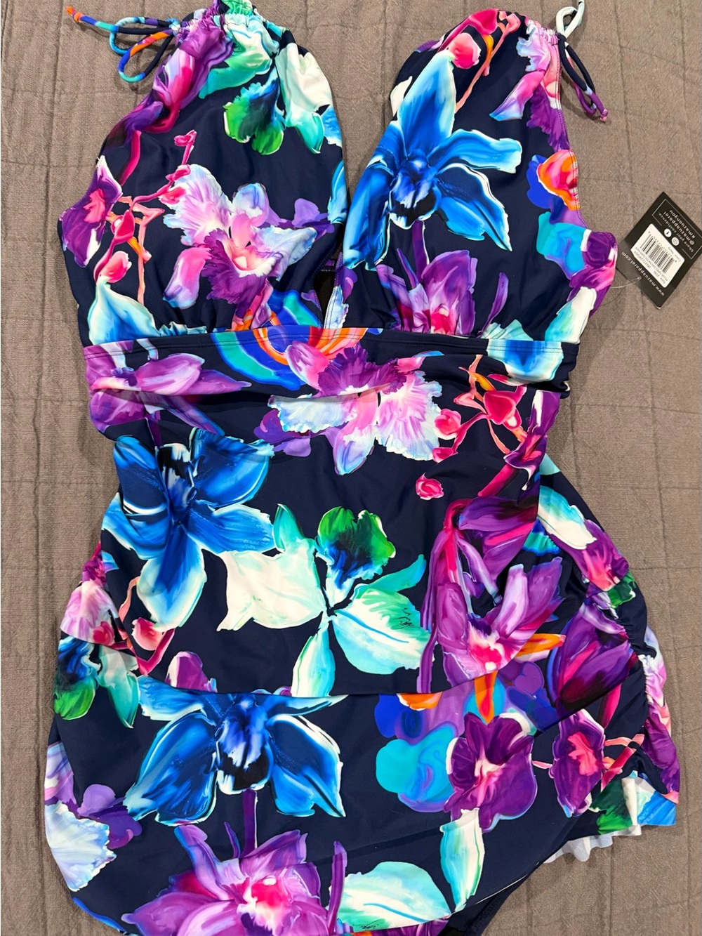 Women’s Floral Ruched One-Piece Swimsuit - Navy Multi Colored